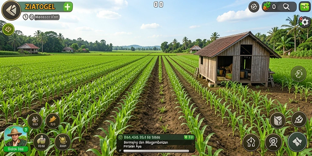 Screenshot menunjukkan aktivitas seru bertani di ZIATOGEL.